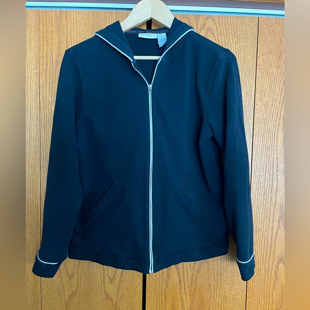 Liz Claiborne zip up hoodie. Black with white trim. Size Medium